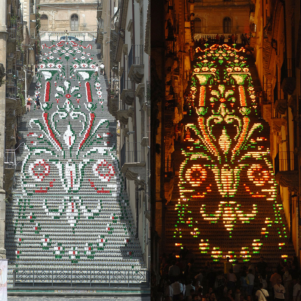 Caltagirone-La-Scala-Illuminata-giorno-notte